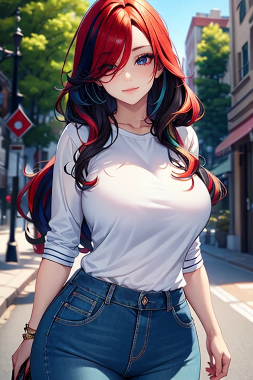 ((In the style of a hentai)), (Masterpiece, Best quality), (( intricate Face + multicolored eyes )), BREAK, light green eyes, red hair, long hair, curly hair, hair over one eye, BREAK, white blouse, blue jeans, big breasts, big smile, BREAK, cityscape background
