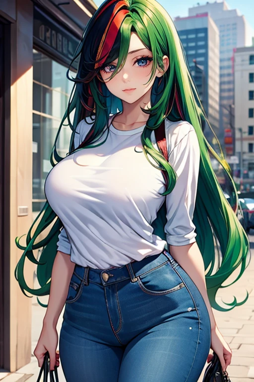 ((In the style of a hentai)), (Masterpiece, Best quality), (( intricate Face + multicolored eyes )), BREAK, light green eyes, red hair, long hair, curly hair, hair over one eye, BREAK, white blouse, blue jeans, big breasts, big smile, BREAK, cityscape background