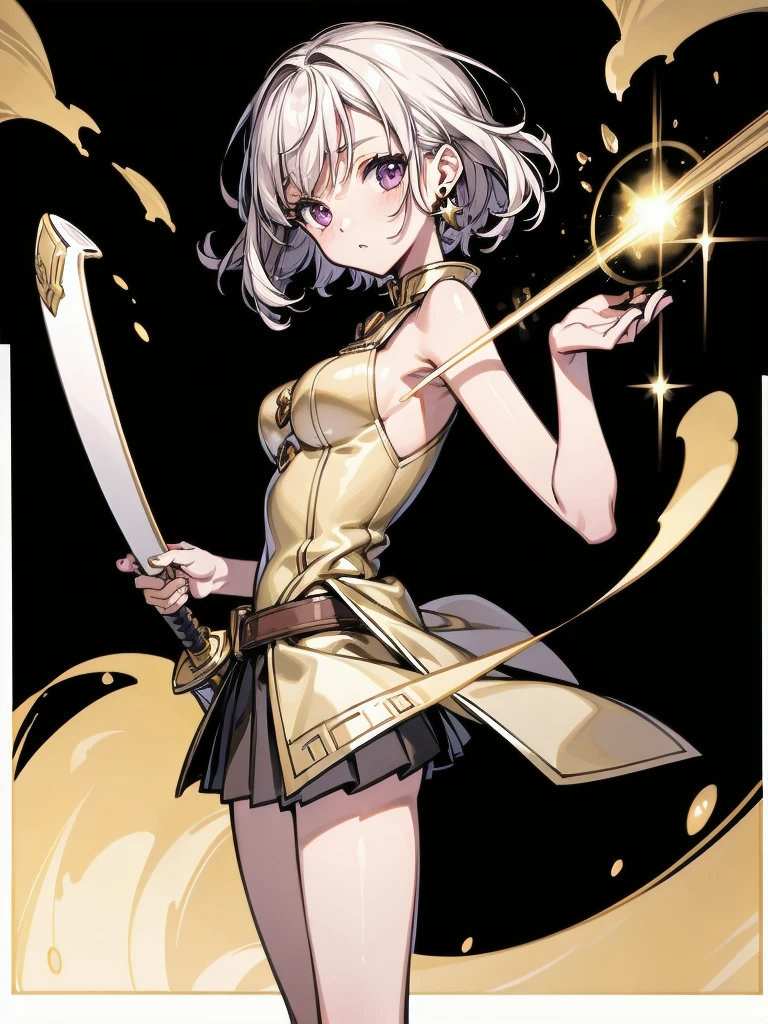 Military Dress, golden accessories, Grand Katana Sword, absurdres, RAW photo, extremely delicate and beautiful, masterpiece, Best Quality, ultra high resolution, 32k, hyperrealistic, ultra-detailed, detailed description, pale skin, 20 years old, tearful mole, earring, big tits, short medium hair, wavy hair, whole body shot,