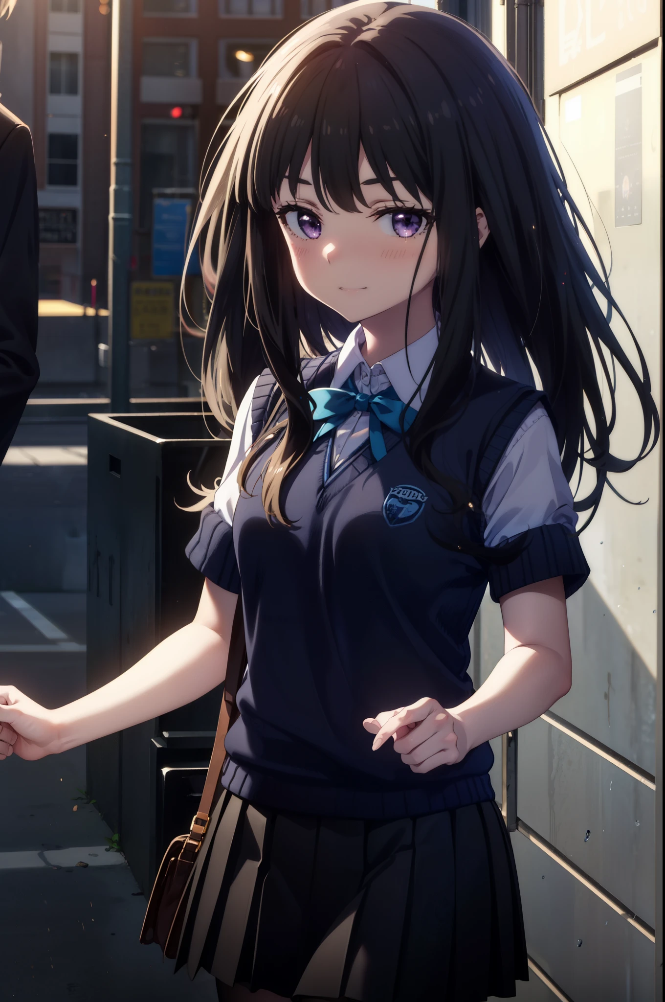 Takiuchi, Inoue Check, Long Hair, bangs, Black Hair, (Purple eyes:1.2),smile,blush,
white yシャツ, Short sleeve, Pleated skirt, socks, Collared shirt, mini skirt, Black pantyhose, (Black Skirt:1.5), Sweater vest, (blue Sweater vest:1.5),Brown loafers,Daytime,Clear skies,Walking,whole bodyがイラストに入るように, break looking at viewer, whole body,
break indoors, School corridor,
break looking at viewer, (Cowboy Shot:1.5),
break (masterpiece:1.2), highest quality, High resolution, unity 8k wallpaper, (figure:0.8), (Beautiful fine details:1.6), Highly detailed face, Perfect lighting, Highly detailed CG, (Perfect hands, Perfect Anatomy),