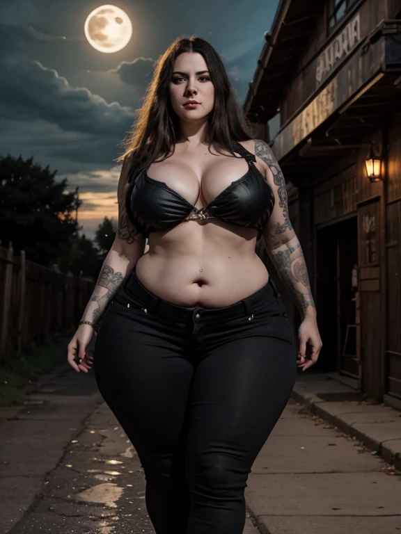 Best Quality,Masterpiece,Ultra High Resolution,(Realisticity:1.4),Original Photo,Cinematic Lighting, 1girl, solo, Metalhead Style girl in front of a cemitery at night under the moonlight, tattooed, wearing ripped black pants, black clothes, fit body, heavy metal style, photography, wojtek fus, heavy metal art style, angry gorgeous goddess, female vampire warrior, heavy metal concert. realistic, datailed, detailed face, 4K, curvy body, plump body, huge big ass, thick body, curvy body type, voluptuous body type, busty body type, thick body type, big chest, big