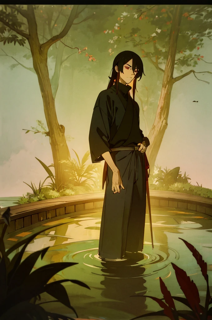 man with wery long black hair and red eyes. wery good details. best rendered. clothed in sleeve black turtleneck and jeans.the background should be a tranquil garden with a small pond and a wooden bridge