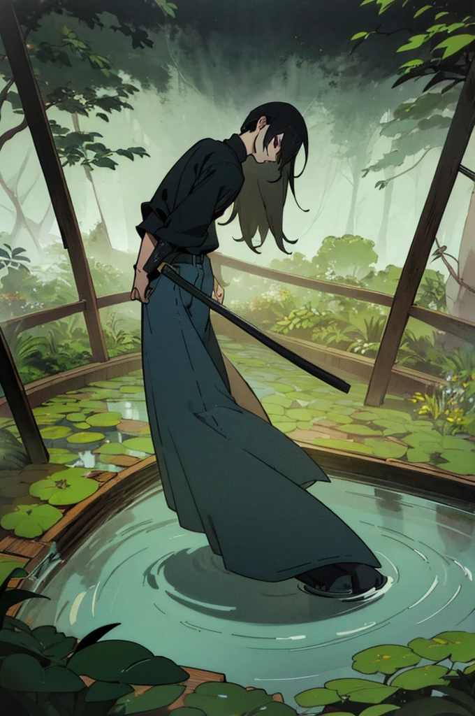 man with wery long black hair and red eyes. wery good details. best rendered. clothed in sleeve black turtleneck and jeans.the background should be a tranquil garden with a small pond and a wooden bridge