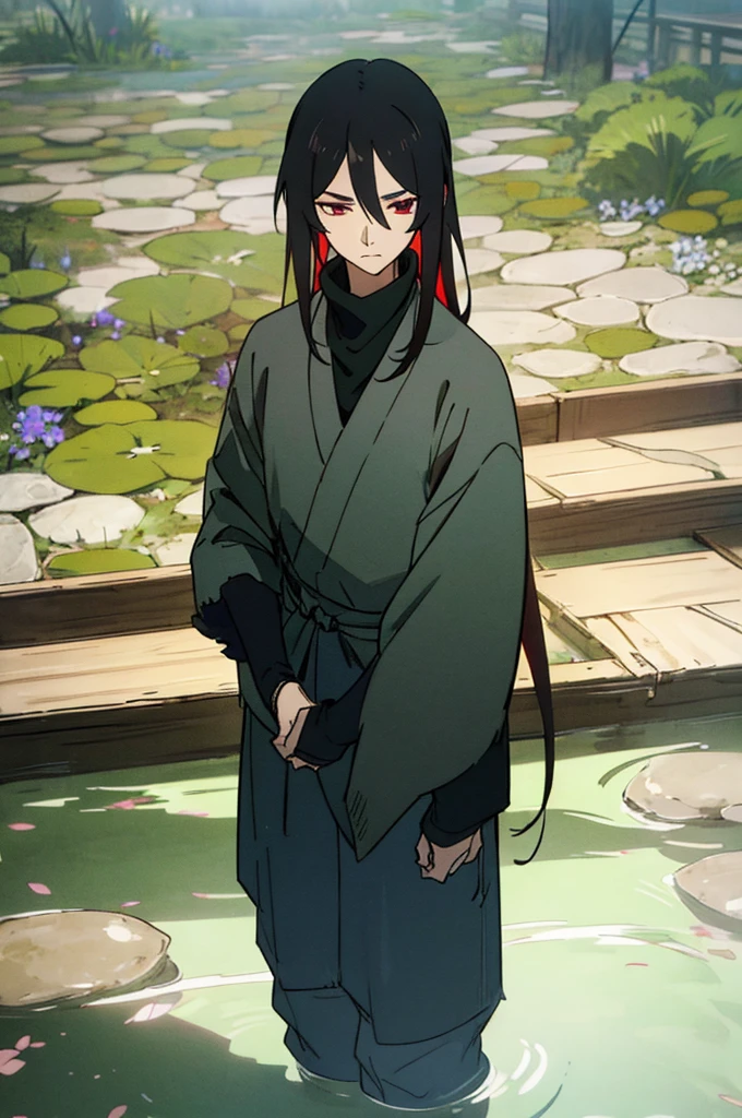 man with wery long black hair and red eyes. wery good details. best rendered. clothed in sleeve black turtleneck and jeans.the background should be a tranquil garden with a small pond and a wooden bridge