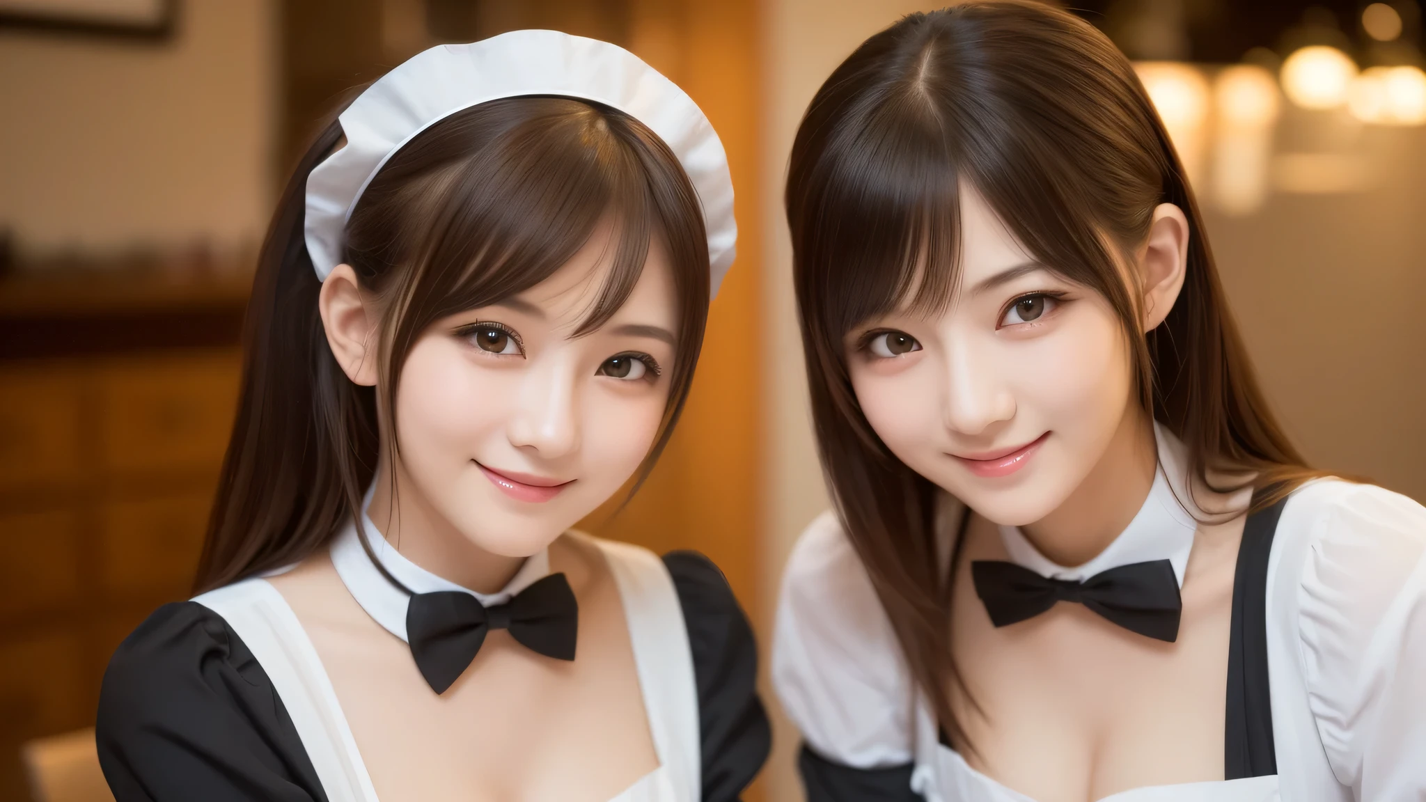 (2girl:1.3), (cute smile:1.2), (extremely detailed beautiful face), (highly detailed eyes, highly detailed face), (Maid cafe, maid cafe costume:1.2), Fresh, very clean appearance, (best Quality:1.4), (hyper-realistic, hight resolution), Professional Photography, standing, Indoor, (maid cafe), Close up portrait of girl, staring at me, cleavage, (Fine face:1.2),