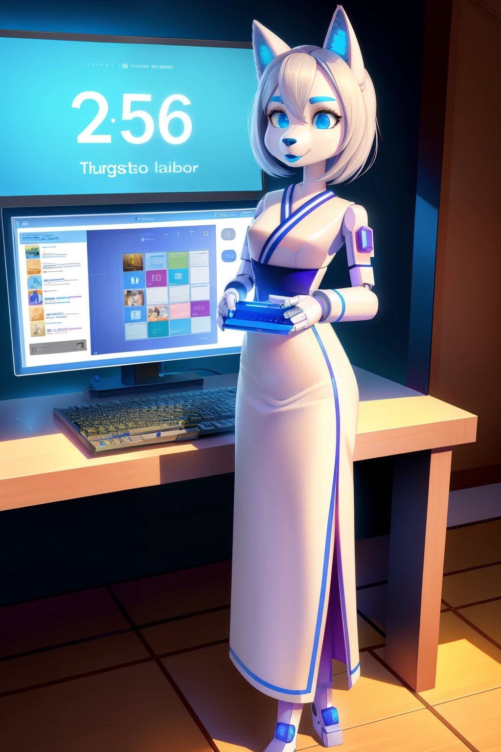 1 girl, solo, android, wolf anthro, hypnotized, empty eyes, Silver hair, blue lipstick, Japanese dress, 3d pixar, computer numbers background, robot walk
