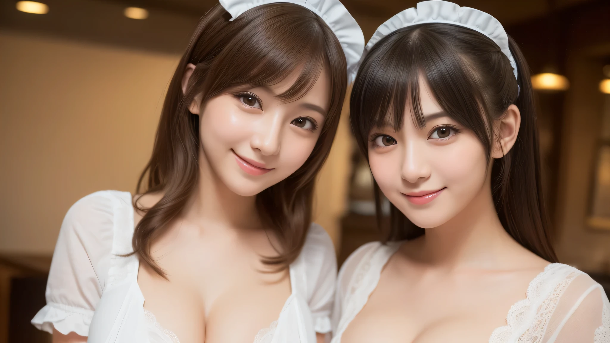 (2girl:1.3), (cute smile:1.2), (extremely detailed beautiful face), (highly detailed eyes, highly detailed face), (Maid cafe, maid cafe costume:1.2), Fresh, very clean appearance, (best Quality:1.4), (hyper-realistic, hight resolution), Professional Photography, standing, Indoor, (maid cafe), Close up portrait of girl, staring at me, cleavage, (Fine face:1.2),
