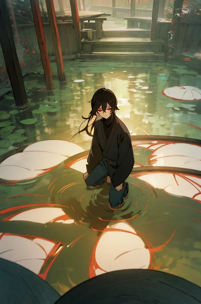 man with wery long black hair and red eyes. wery good details. best rendered. clothed in sleeve black turtleneck and jeans.the background should be a tranquil garden with a small pond and a wooden bridge