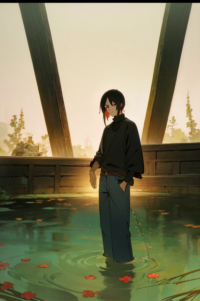 man with wery long black hair and red eyes. wery good details. best rendered. clothed in sleeve black turtleneck and jeans.the background should be a tranquil garden with a small pond and a wooden bridge