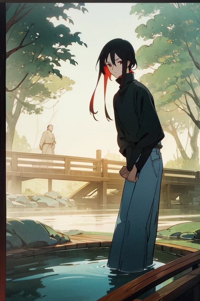 man with wery long black hair and red eyes. wery good details. best rendered. clothed in sleeve black turtleneck and jeans.the background should be a tranquil garden with a small pond and a wooden bridge