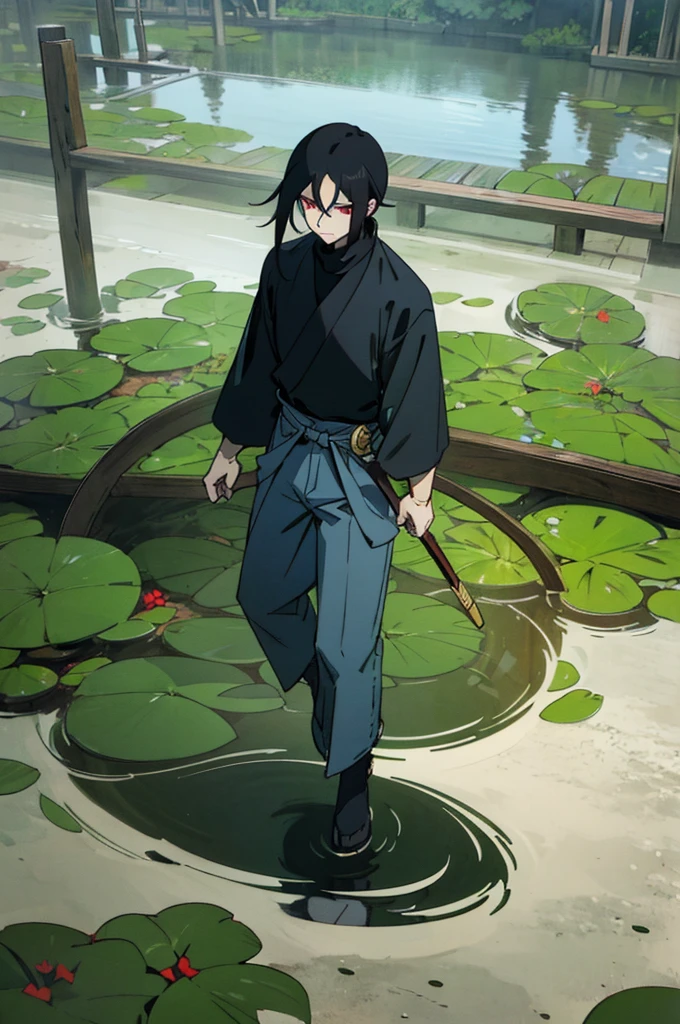 man with wery long black hair and red eyes. wery good details. best rendered. clothed in sleeve black turtleneck and jeans.the background should be a tranquil garden with a small pond and a wooden bridge