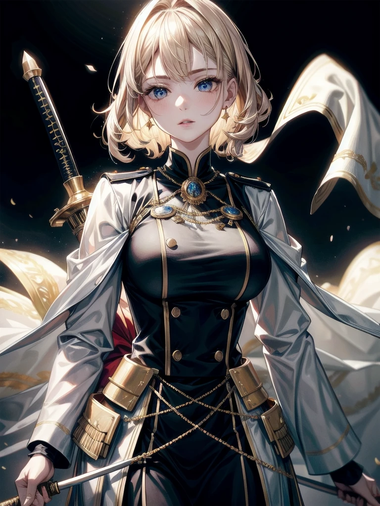 Military Dress, golden accessories, Grand Katana Sword, absurdres, RAW photo, extremely delicate and beautiful, masterpiece, Best Quality, ultra high resolution, 32k, hyperrealistic, ultra-detailed, detailed description, pale skin, 20 years old, tearful mole, earring, big tits, short medium hair, wavy hair, whole body shot,