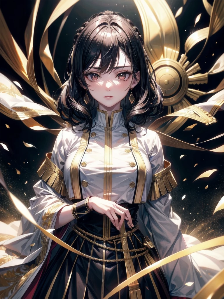 Military Dress, golden accessories, Grand Katana Sword, absurdres, RAW photo, extremely delicate and beautiful, masterpiece, Best Quality, ultra high resolution, 32k, hyperrealistic, ultra-detailed, detailed description, pale skin, 20 years old, tearful mole, earring, big tits, short medium hair, wavy hair, whole body shot,