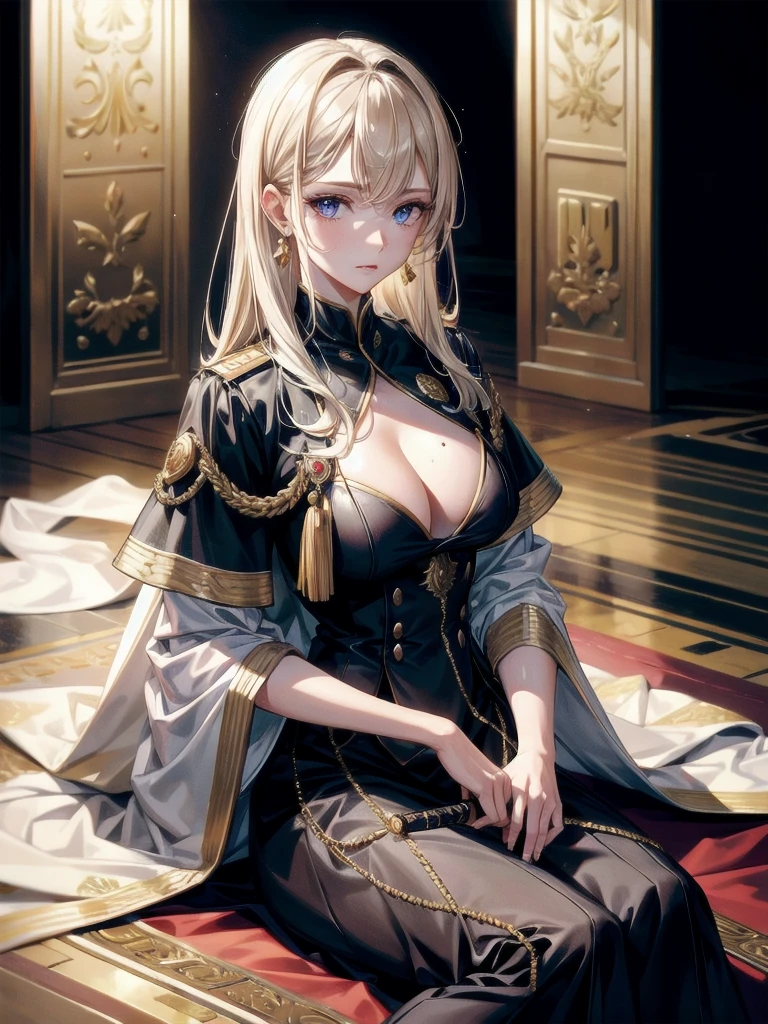 Military Dress, golden accessories, Grand Katana Sword, absurdres, RAW photo, extremely delicate and beautiful, masterpiece, Best Quality, ultra high resolution, 32k, hyperrealistic, ultra-detailed, detailed description, pale skin, 20 years old, tearful mole, earring, big tits, short medium hair, wavy hair, whole body shot,