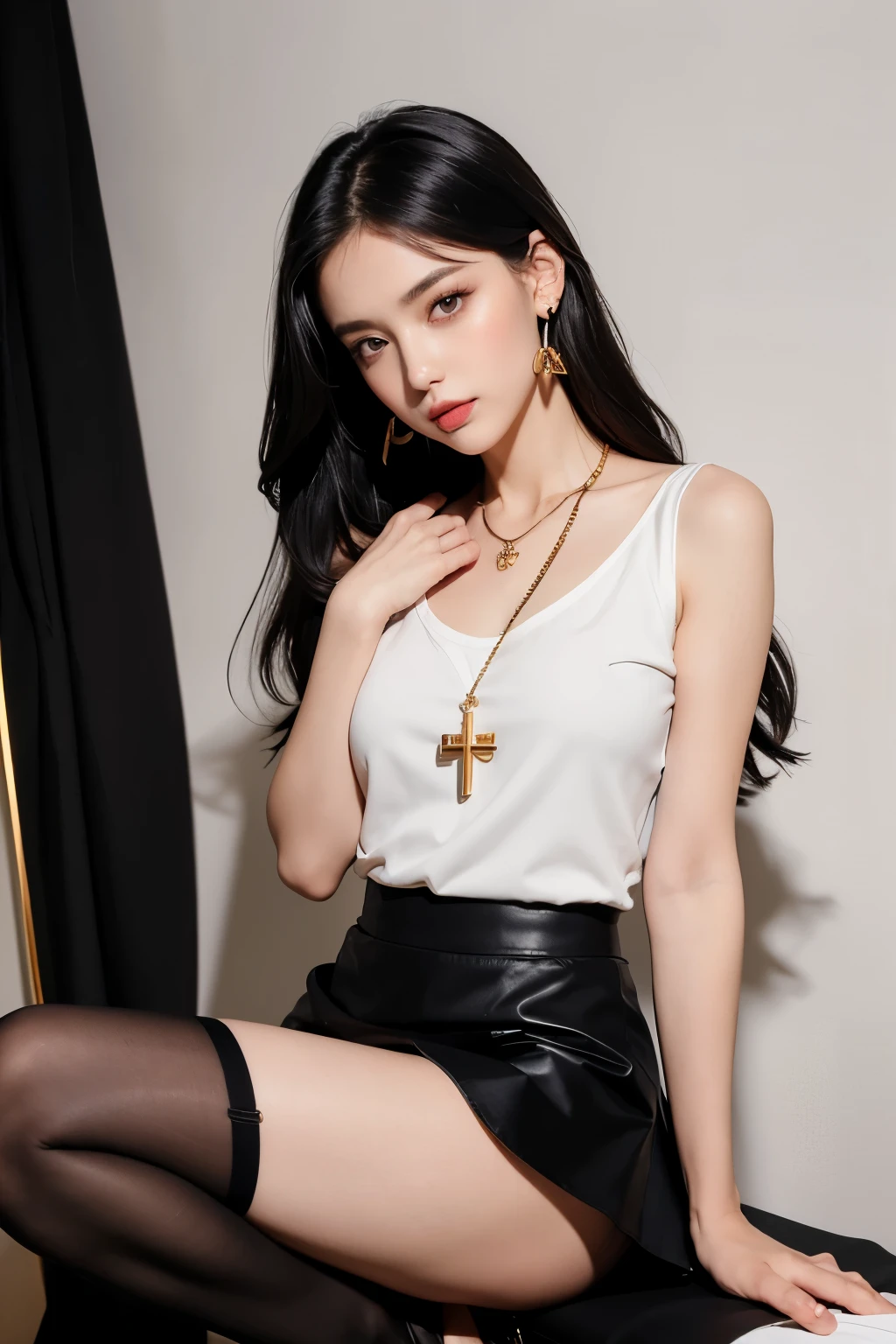 ((best quality, 8K, masterpiece: 1.3)), 1 girl, slim like a fox，white top，long black hair，red eyes，gold cross earrings，gold cross necklace，Black bands，black skirt，black stockings，Black high heels，white background