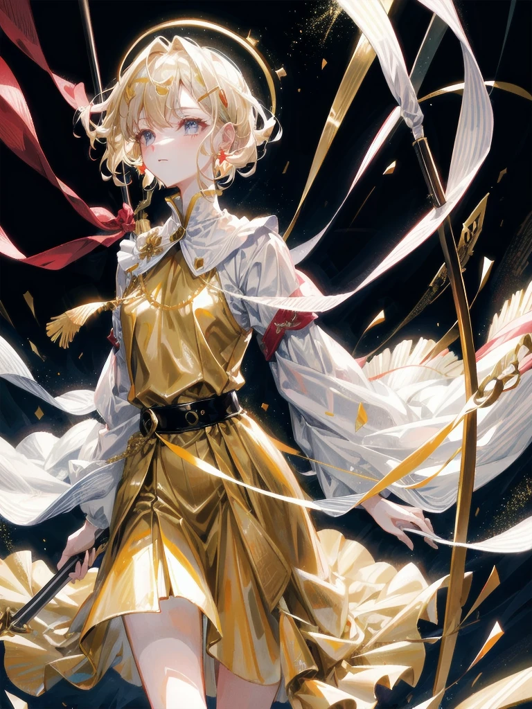 Military Dress, golden accessories, Grand Katana Sword, absurdres, RAW photo, extremely delicate and beautiful, masterpiece, Best Quality, ultra high resolution, 32k, hyperrealistic, ultra-detailed, detailed description, pale skin, 20 years old, tearful mole, earring, big tits, short medium hair, wavy hair, whole body shot,