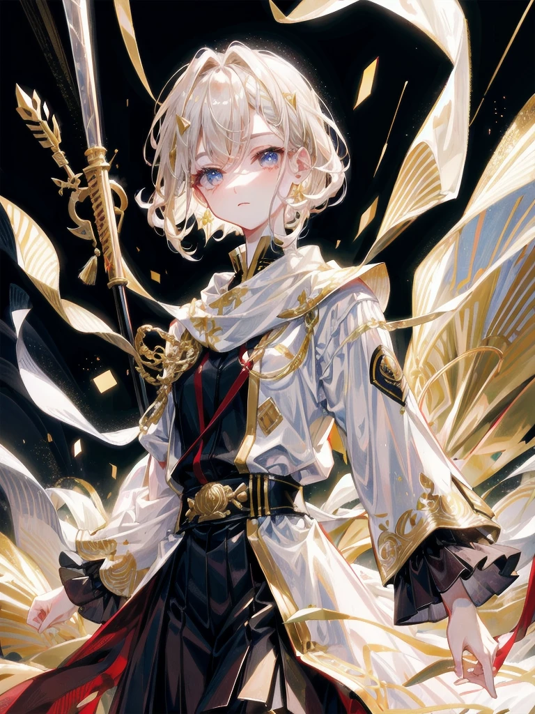 Military Dress, golden accessories, Grand Katana Sword, absurdres, RAW photo, extremely delicate and beautiful, masterpiece, Best Quality, ultra high resolution, 32k, hyperrealistic, ultra-detailed, detailed description, pale skin, 20 years old, tearful mole, earring, big tits, short medium hair, wavy hair, whole body shot,