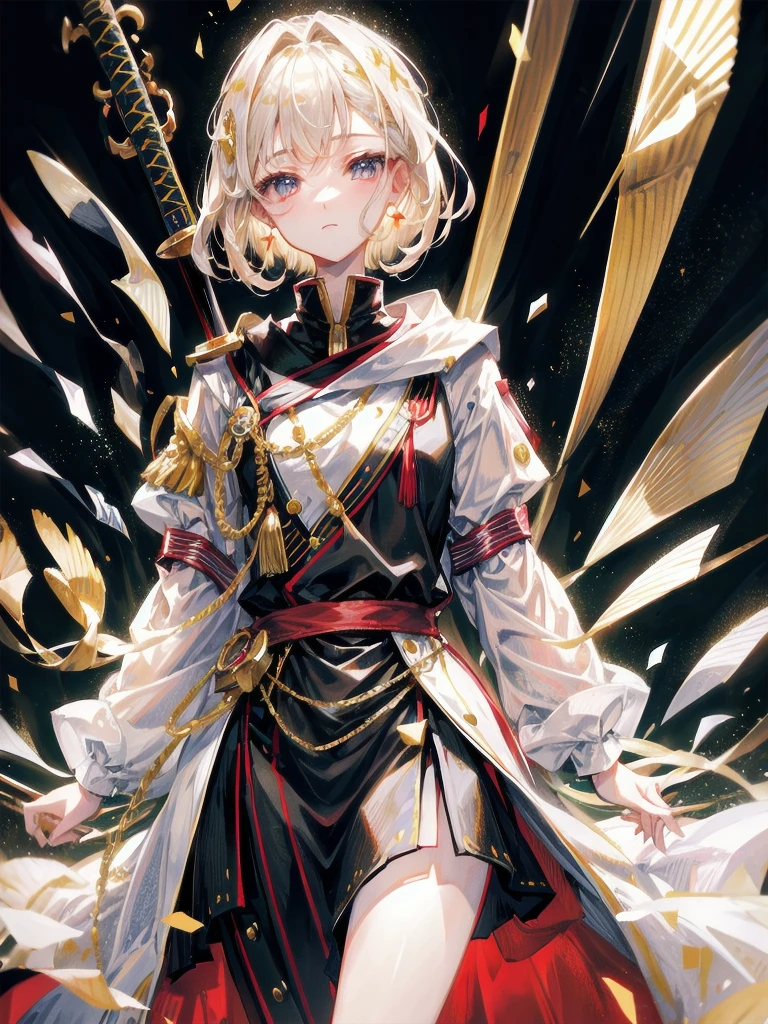 Military Dress, golden accessories, Grand Katana Sword, absurdres, RAW photo, extremely delicate and beautiful, masterpiece, Best Quality, ultra high resolution, 32k, hyperrealistic, ultra-detailed, detailed description, pale skin, 20 years old, tearful mole, earring, big tits, short medium hair, wavy hair, whole body shot,