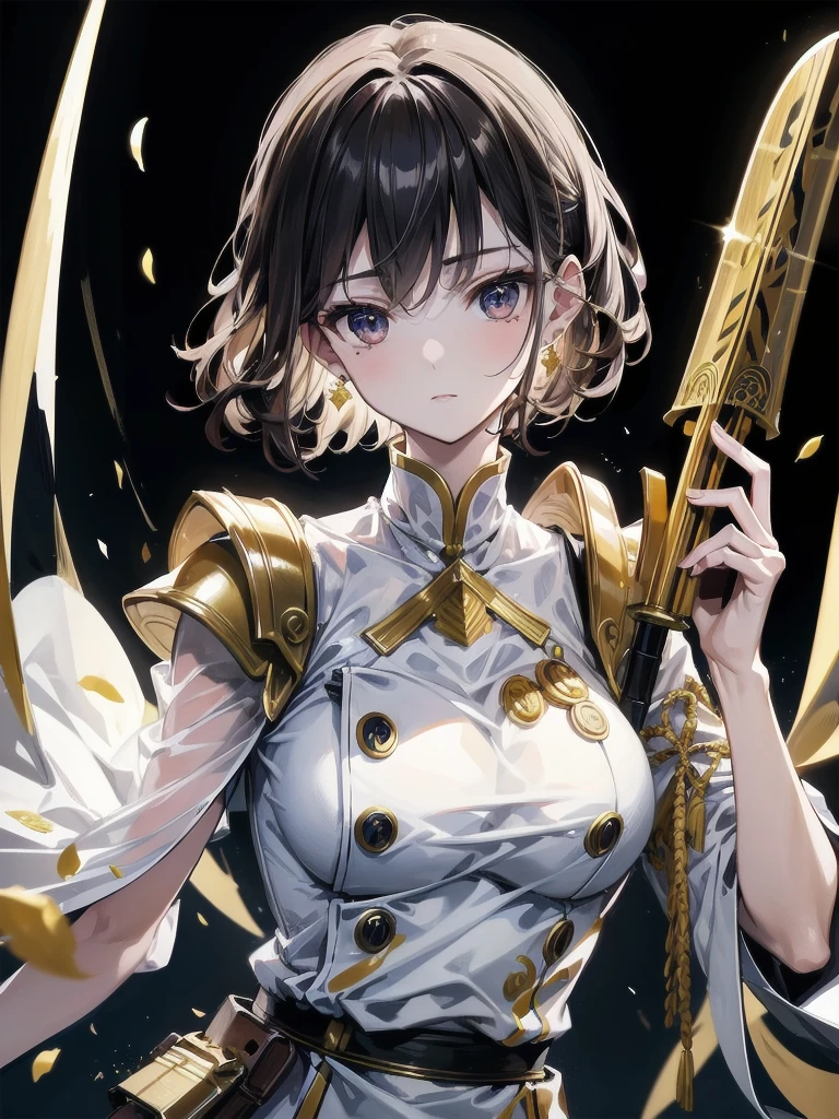 Military Dress, golden accessories, Grand Katana Sword, absurdres, RAW photo, extremely delicate and beautiful, masterpiece, Best Quality, ultra high resolution, 32k, hyperrealistic, ultra-detailed, detailed description, pale skin, 20 years old, tearful mole, earring, big tits, short medium hair, wavy hair, whole body shot,