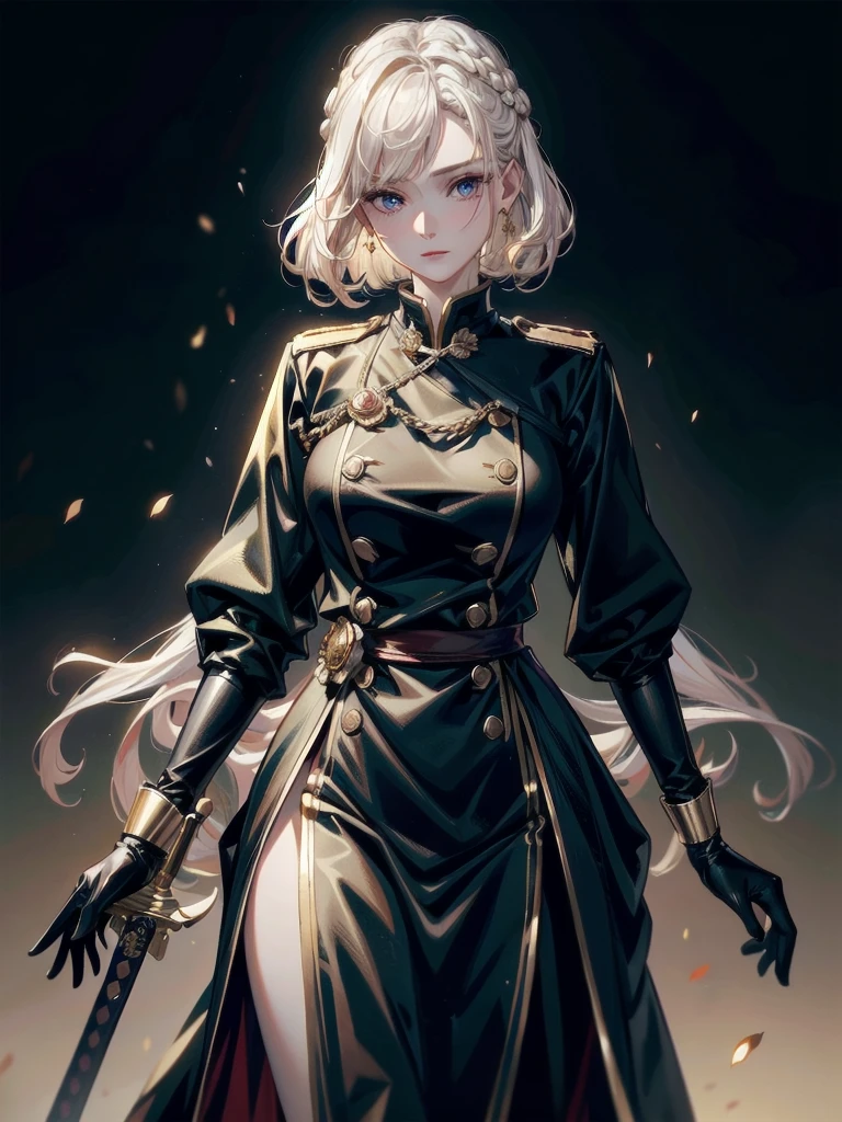 Military Dress, golden accessories, Grand Katana Sword, absurdres, RAW photo, extremely delicate and beautiful, masterpiece, Best Quality, ultra high resolution, 32k, hyperrealistic, ultra-detailed, detailed description, pale skin, 20 years old, tearful mole, earring, big tits, short medium hair, wavy hair, whole body shot,