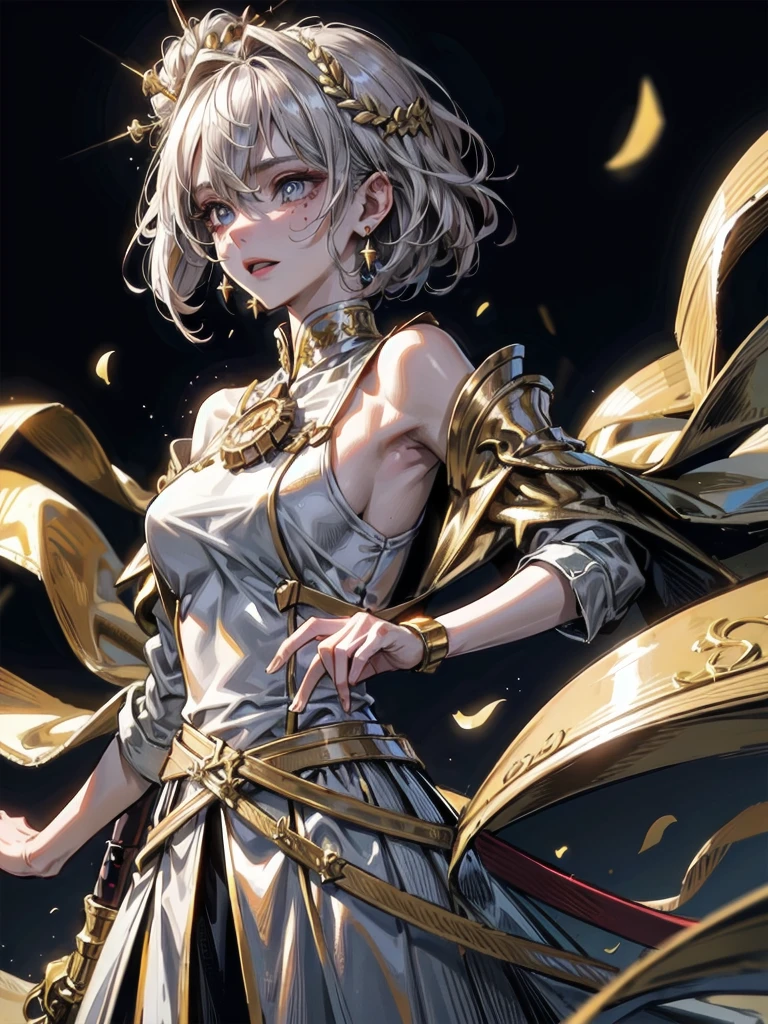 Military Dress, golden accessories, Grand Katana Sword, absurdres, RAW photo, extremely delicate and beautiful, masterpiece, Best Quality, ultra high resolution, 32k, hyperrealistic, ultra-detailed, detailed description, pale skin, 20 years old, tearful mole, earring, big tits, short medium hair, wavy hair, whole body shot,