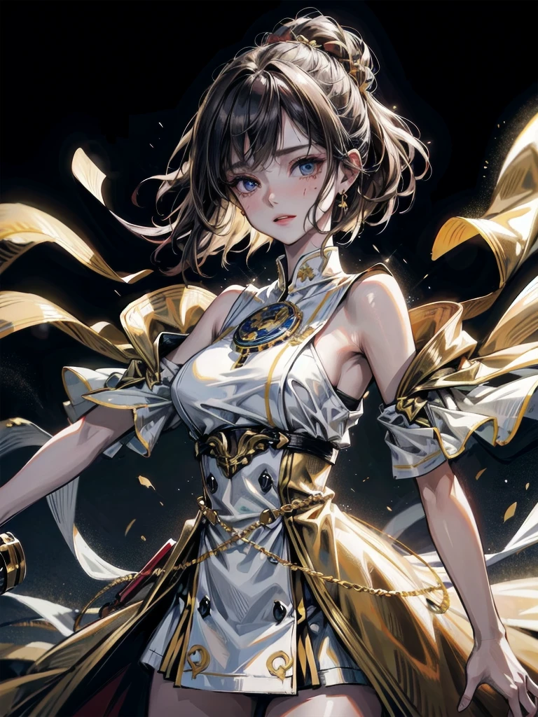 Military Dress, golden accessories, Grand Katana Sword, absurdres, RAW photo, extremely delicate and beautiful, masterpiece, Best Quality, ultra high resolution, 32k, hyperrealistic, ultra-detailed, detailed description, pale skin, 20 years old, tearful mole, earring, big tits, short medium hair, wavy hair, whole body shot,