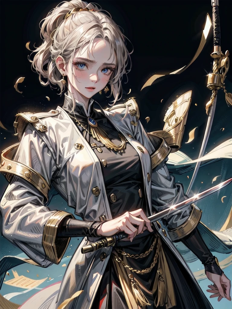 Military Dress, golden accessories, Grand Katana Sword, absurdres, RAW photo, extremely delicate and beautiful, masterpiece, Best Quality, ultra high resolution, 32k, hyperrealistic, ultra-detailed, detailed description, pale skin, 20 years old, tearful mole, earring, big tits, short medium hair, wavy hair, whole body shot,