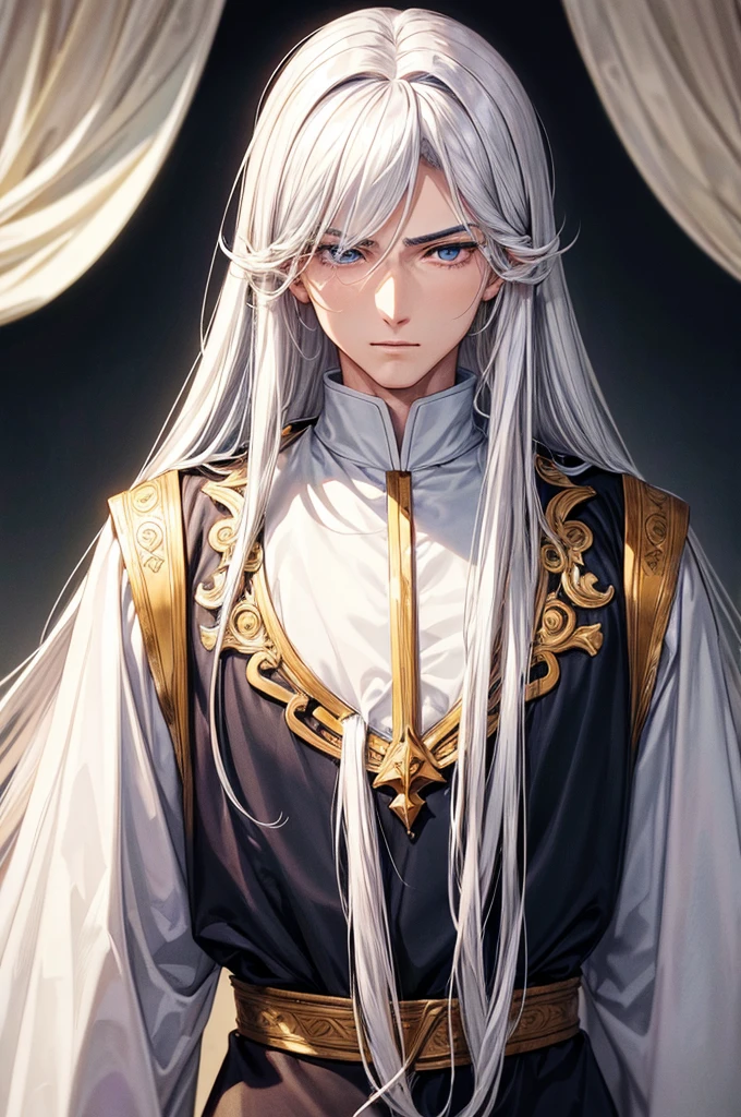 ((best quality)), ((masterpiece)), (detailed), perfect face
Anime man with a wide face, long white hair, serious features and priest's clothes.