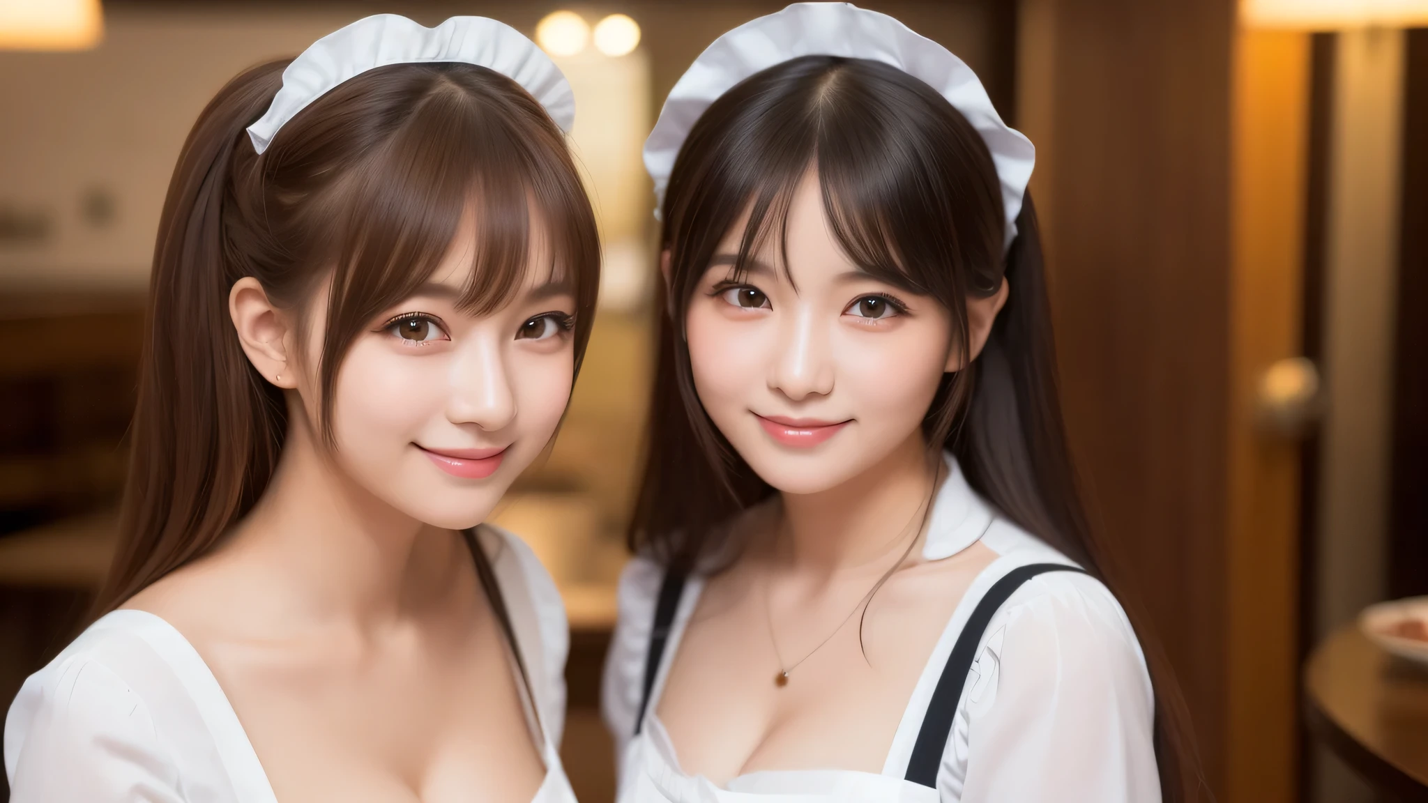 (2girl:1.3), (cute smile:1.2), (extremely detailed beautiful face), (highly detailed eyes, highly detailed face), (Maid cafe, maid cafe costume, mini skirt:1.2), Fresh, very clean appearance, (best Quality:1.4), (hyper-realistic, hight resolution), Professional Photography, standing, Indoor, (maid cafe), Close up portrait of girl, staring at me, cleavage, (Fine face:1.2),