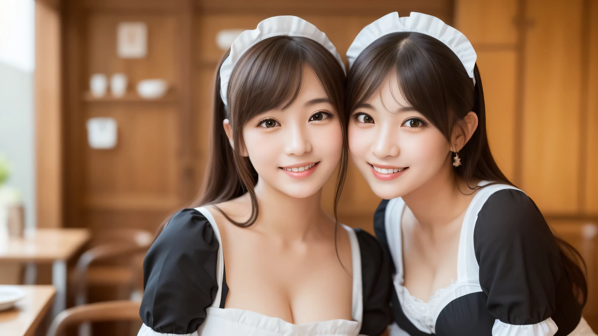 (2girl:1.3), (cute smile:1.2), (extremely detailed beautiful face), (highly detailed eyes, highly detailed face), (costume, ruffle costume:1.2), Fresh, very clean appearance, (best Quality:1.4), (hyper-realistic, hight resolution), Professional Photography, standing, Indoor, (maid cafe), Close up portrait of girl, staring at me, cleavage, (Fine face:1.2),