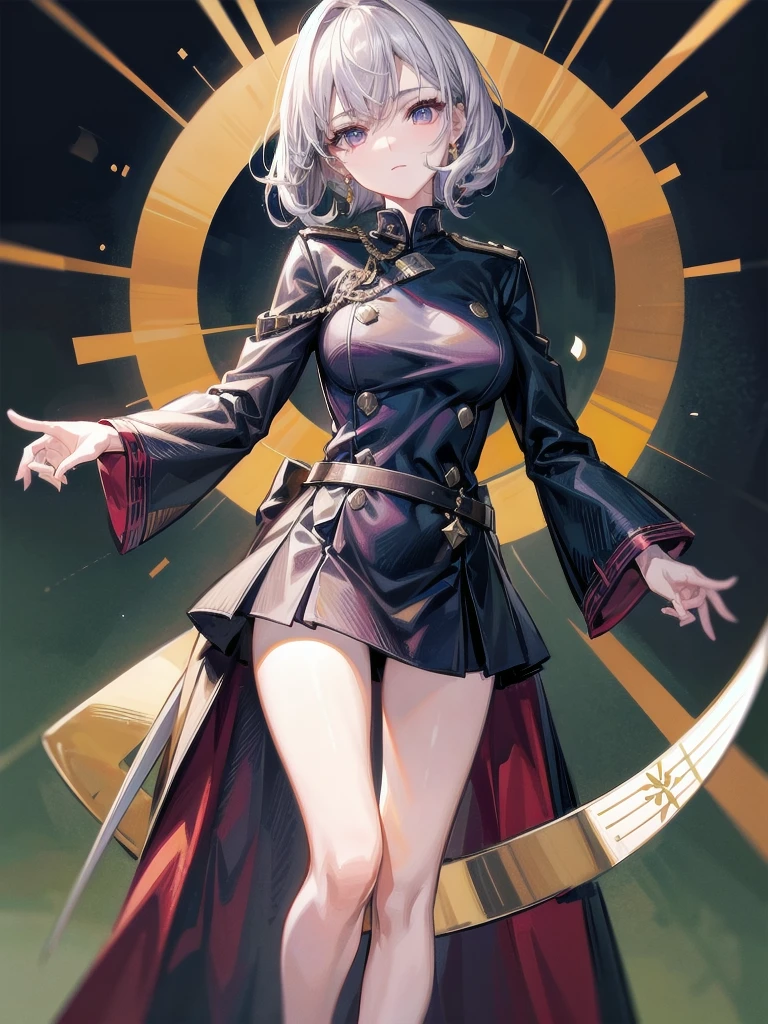 Military Dress, golden accessories, Grand Katana Sword, absurdres, RAW photo, extremely delicate and beautiful, masterpiece, Best Quality, ultra high resolution, 32k, hyperrealistic, ultra-detailed, detailed description, pale skin, 20 years old, tearful mole, earring, big tits, short medium hair, wavy hair, whole body shot,