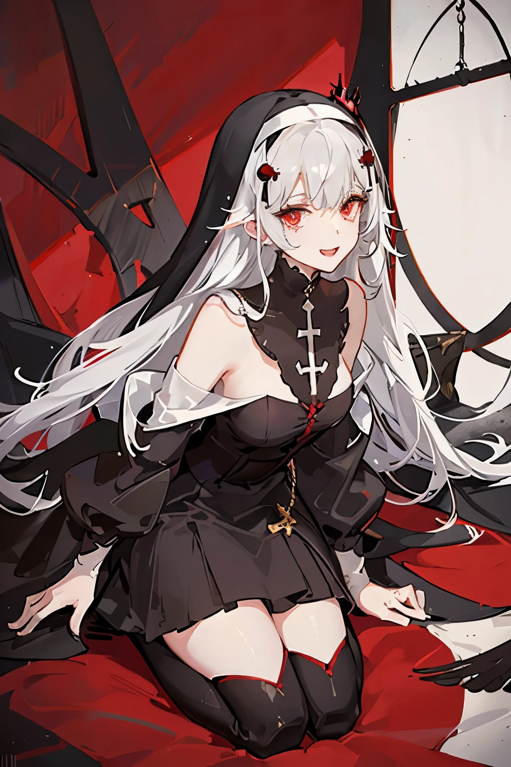 create an image in anime style of a girl with red and gold eyes, black and white hair, and black wings and a nun dress gothic (should have a teasing face and a shadow in her face, she is laughing) her eyes are litghing