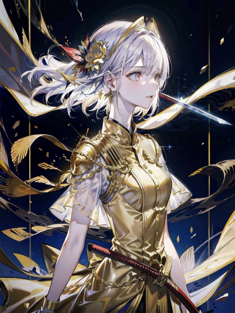 Military Dress, golden accessories, Grand Katana Sword, absurdres, RAW photo, extremely delicate and beautiful, masterpiece, Best Quality, ultra high resolution, 32k, hyperrealistic, ultra-detailed, detailed description, pale skin, 20 years old, tearful mole, earring, big tits, short medium hair, wavy hair, whole body shot,