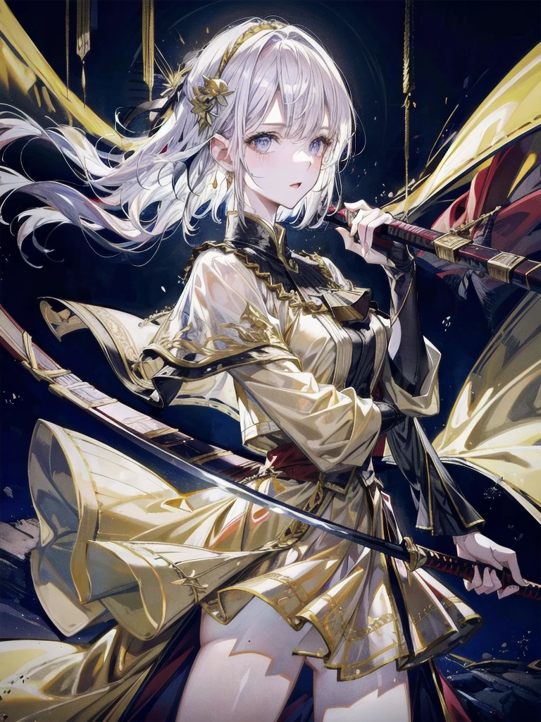 Military Dress, golden accessories, Grand Katana Sword, absurdres, RAW photo, extremely delicate and beautiful, masterpiece, Best Quality, ultra high resolution, 32k, hyperrealistic, ultra-detailed, detailed description, pale skin, 20 years old, tearful mole, earring, big tits, short medium hair, wavy hair, whole body shot,