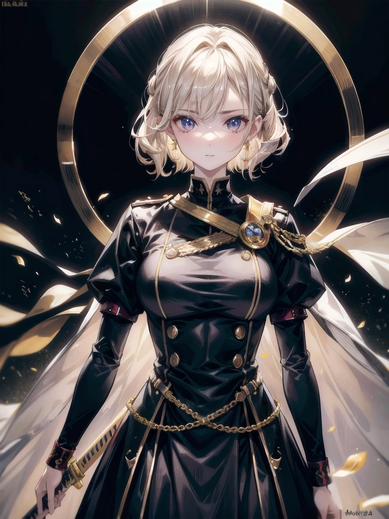 Military Dress, golden accessories, Grand Katana Sword, absurdres, RAW photo, extremely delicate and beautiful, masterpiece, Best Quality, ultra high resolution, 32k, hyperrealistic, ultra-detailed, detailed description, pale skin, 20 years old, tearful mole, earring, big tits, short medium hair, wavy hair, whole body shot,