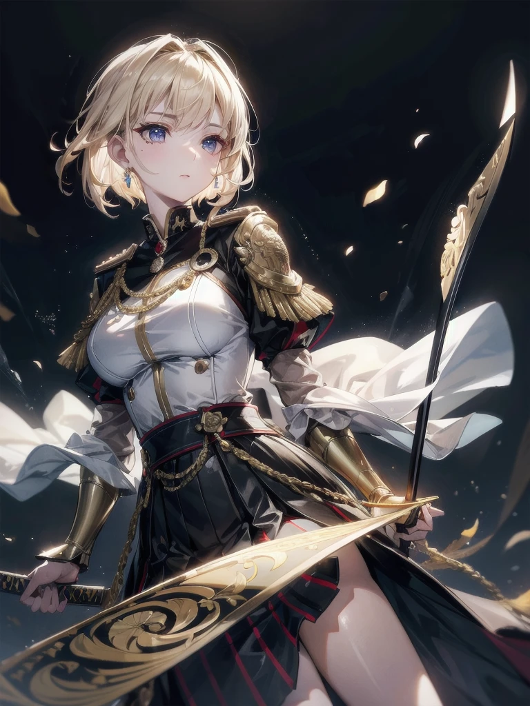 Military Dress, golden accessories, Grand Katana Sword, absurdres, RAW photo, extremely delicate and beautiful, masterpiece, Best Quality, ultra high resolution, 32k, hyperrealistic, ultra-detailed, detailed description, pale skin, 20 years old, tearful mole, earring, big tits, short medium hair, wavy hair, whole body shot,