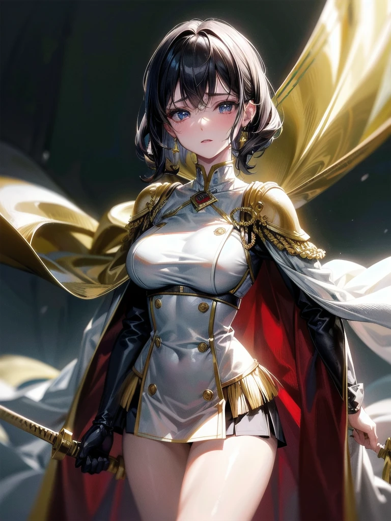 Military Dress, golden accessories, Grand Katana Sword, absurdres, RAW photo, extremely delicate and beautiful, masterpiece, Best Quality, ultra high resolution, 32k, hyperrealistic, ultra-detailed, detailed description, pale skin, 20 years old, tearful mole, earring, big tits, short medium hair, wavy hair, whole body shot,