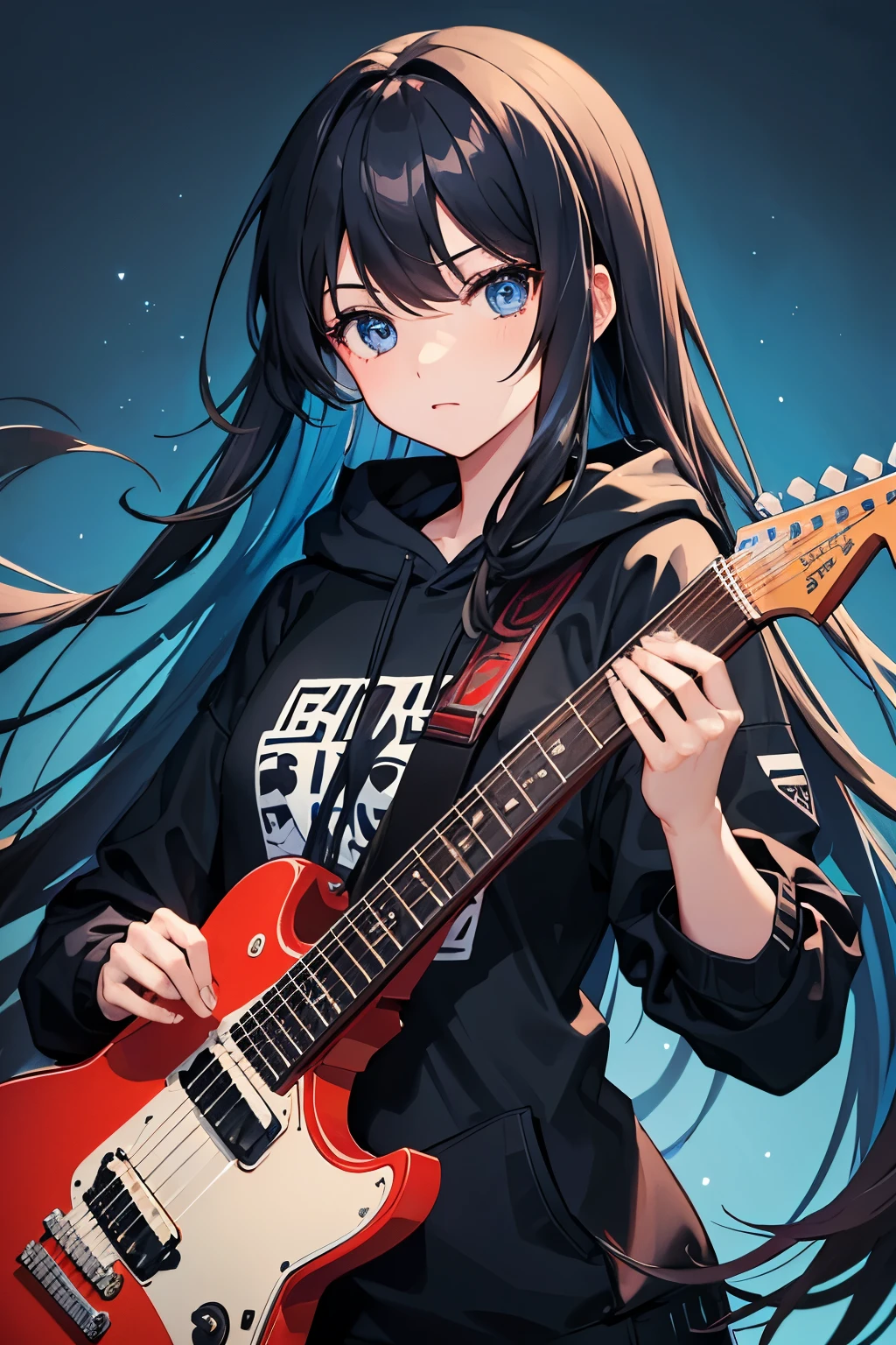 background through, long hair、straight hair、black hair girl, blue eyes、Super high quality, 8K、Upper body、Blue background、Lead guitar、black hoodie、Blue Guitar,Blue Electric Guitar