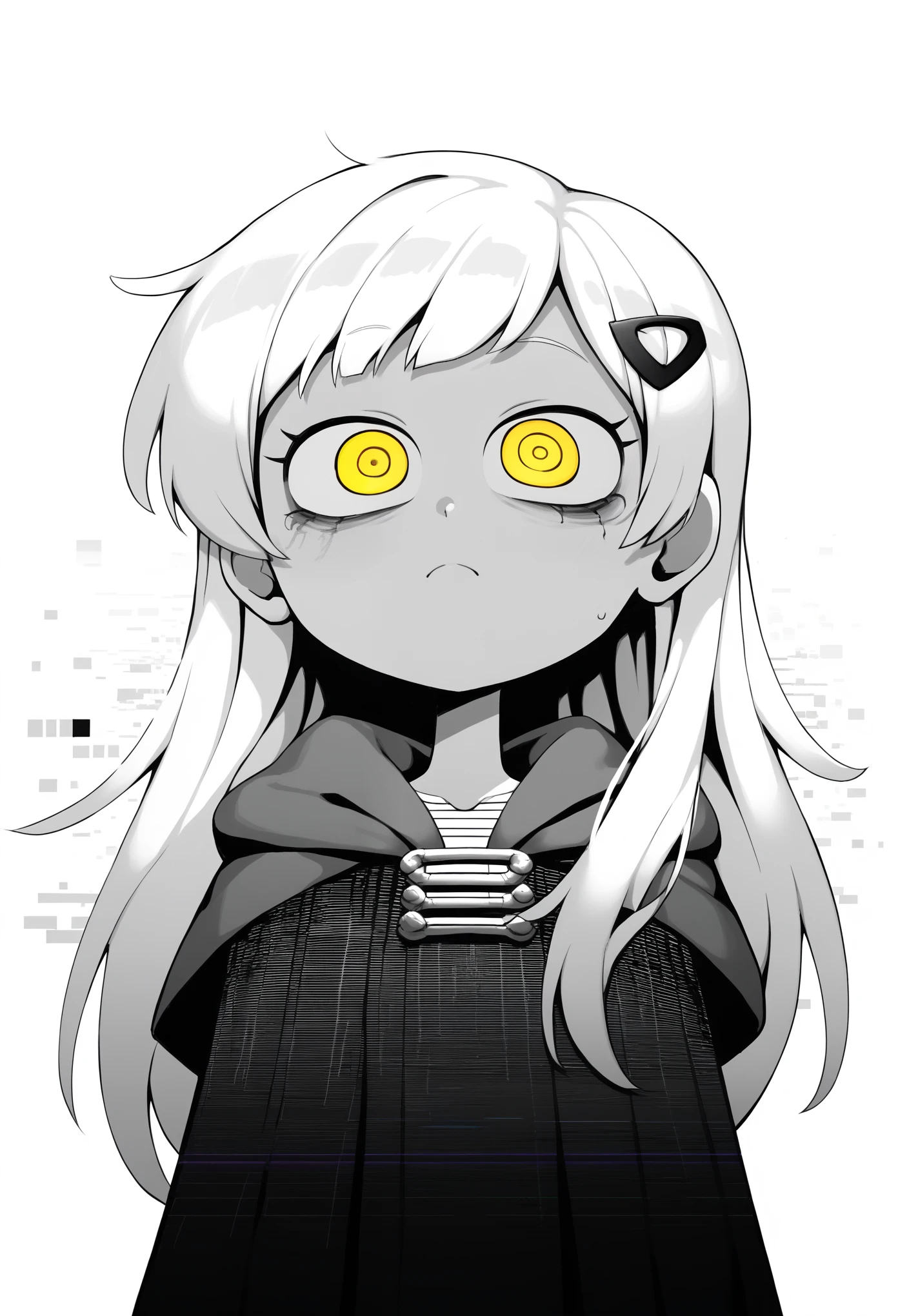 score_9, score_8_up, score_7_up, score_6_up, BREAK white background, simple background, greyscale,monochrome 1girl, swdef, white hair, long hair, yellow eyes, headgear, cloak, chest strap, crazy eyes, emotionless, closed mouth, insanity-angle, face close-up, glitch, glitching, horror 