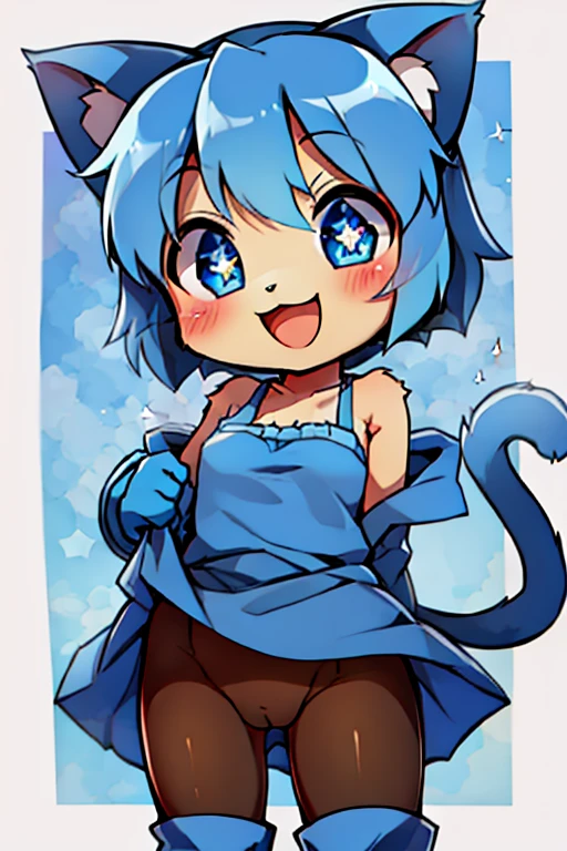 boy, cat, furry, bodyfur, blue camisole, bottomless, no panties under pantyhose, blue gloves, blue boots, chibi, happy, sparkling eyes