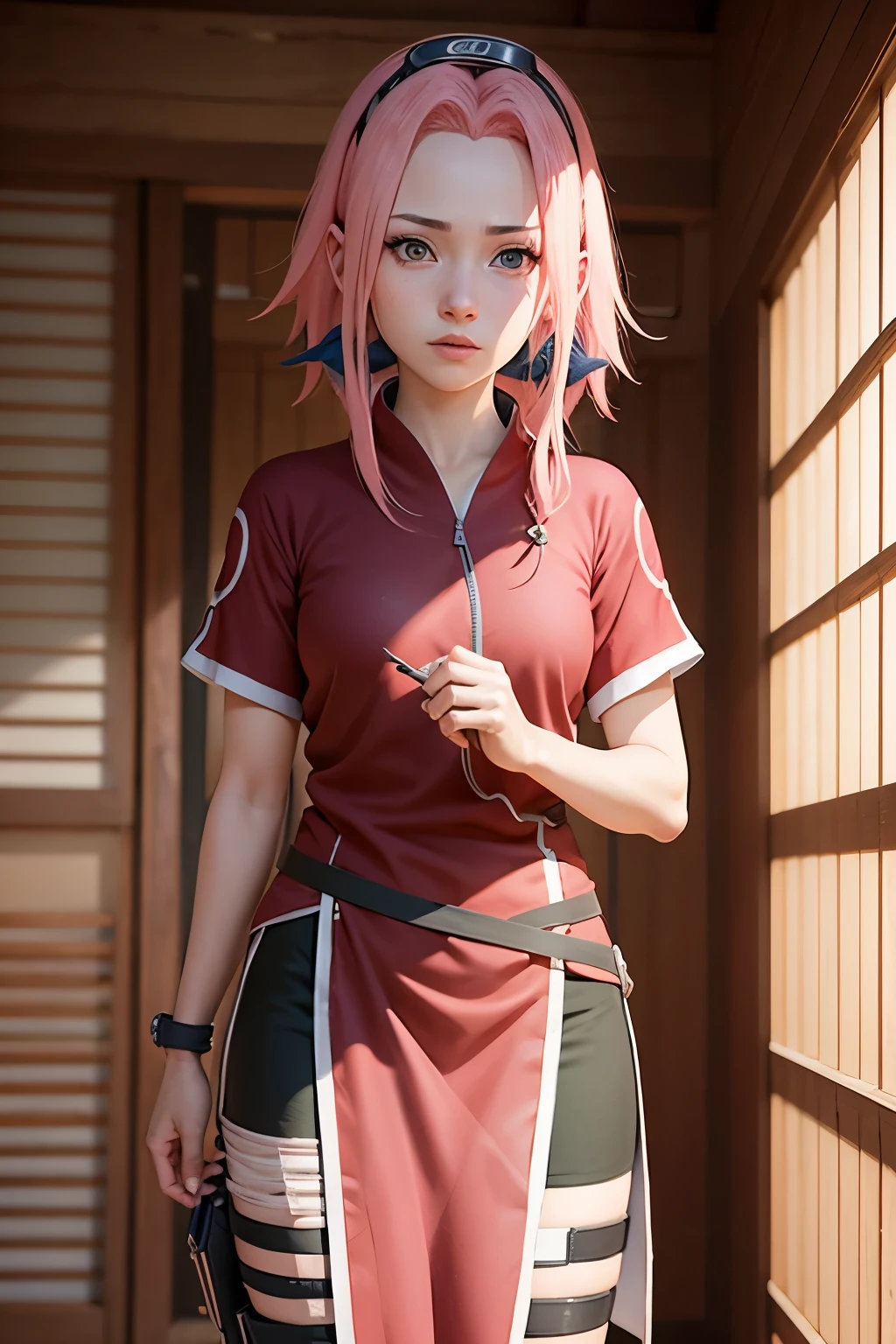 Sakura Haruno, obra de arte, (fotorrealista:1.4), melhor qualidade, beautiful lighting, SakuraNC, 13 anos, Sozinha, olhando_no_visualizador, sem mangas, luvas, preto_luvas, (cabelo rosa), seios bonitos, ((coxas grossas)), bunda sexy, konohagakure_symbol, inclinando-se_advance, foto crua, 8k hd, film grain