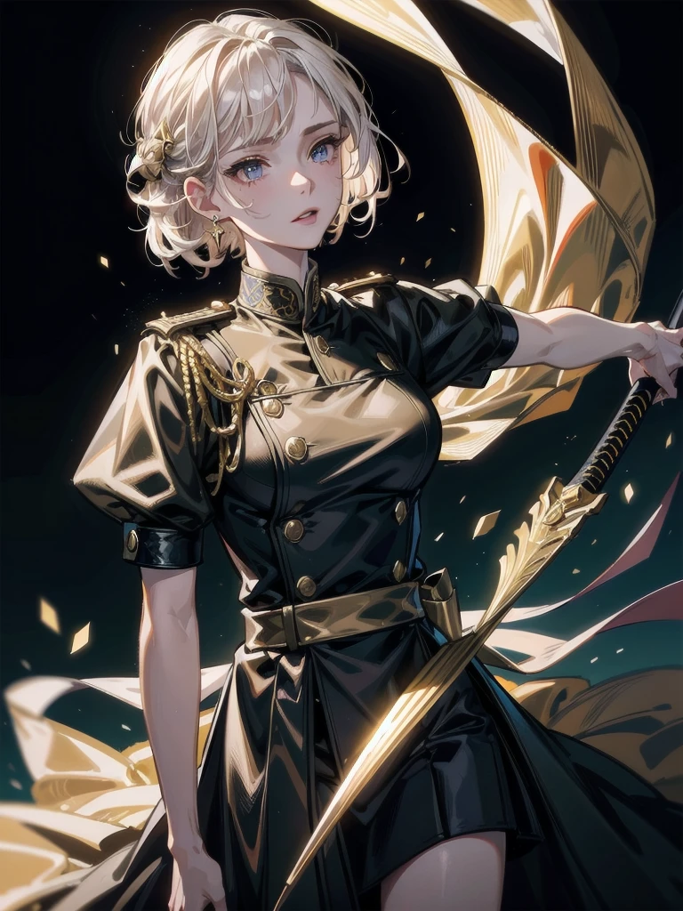 Military Dress, golden accessories, Grand Katana Sword, absurdres, RAW photo, extremely delicate and beautiful, masterpiece, Best Quality, ultra high resolution, 32k, hyperrealistic, ultra-detailed, detailed description, pale skin, 20 years old, tearful mole, earring, big tits, short medium hair, wavy hair, whole body shot,
