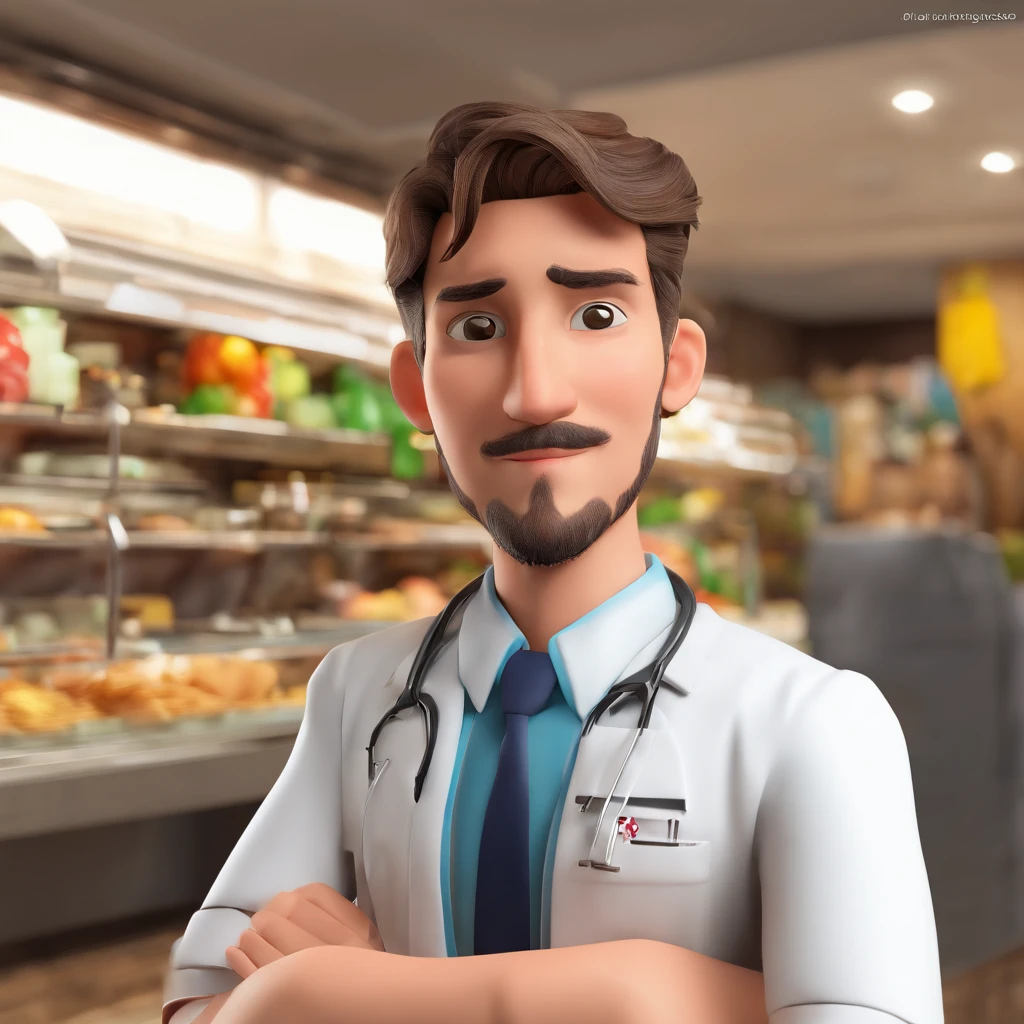 Emanuel es un joven medico nutricionista. With light brown shoulder length hair. Barba y bigote recortado. Que come en un ristorante de un pueblito d italia.