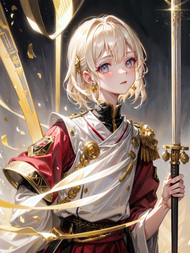 Military Dress, golden accessories, Grand Katana Sword, absurdres, RAW photo, extremely delicate and beautiful, masterpiece, Best Quality, ultra high resolution, 32k, hyperrealistic, ultra-detailed, detailed description, pale skin, 20 years old, tearful mole, earring, big tits, short medium hair, wavy hair, whole body shot,