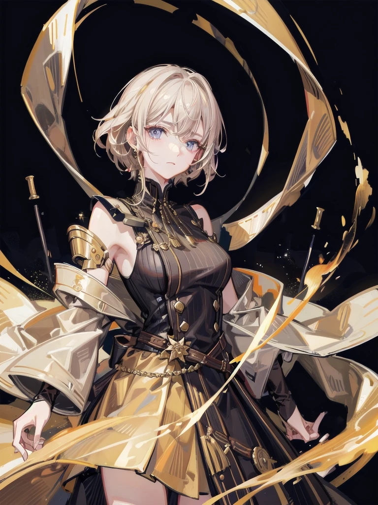 Military Dress, golden accessories, Grand Katana Sword, absurdres, RAW photo, extremely delicate and beautiful, masterpiece, Best Quality, ultra high resolution, 32k, hyperrealistic, ultra-detailed, detailed description, pale skin, 20 years old, tearful mole, earring, big tits, short medium hair, wavy hair, whole body shot,