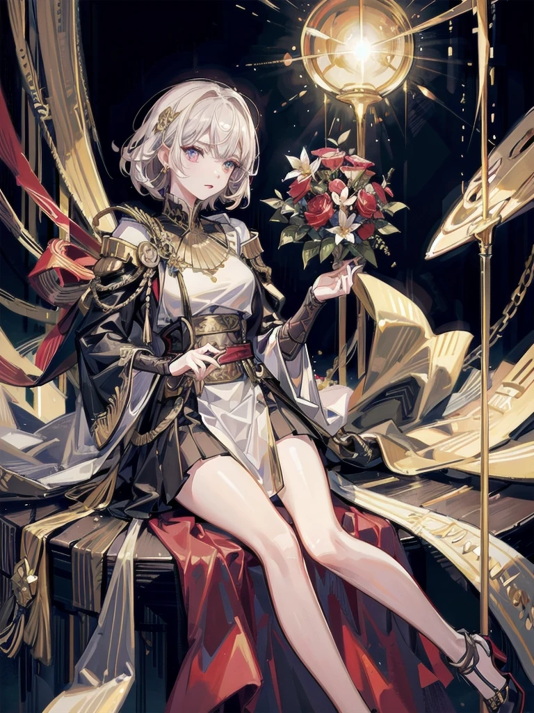 Military Dress, golden accessories, Grand Katana Sword, absurdres, RAW photo, extremely delicate and beautiful, masterpiece, Best Quality, ultra high resolution, 32k, hyperrealistic, ultra-detailed, detailed description, pale skin, 20 years old, tearful mole, earring, big tits, short medium hair, wavy hair, whole body shot,