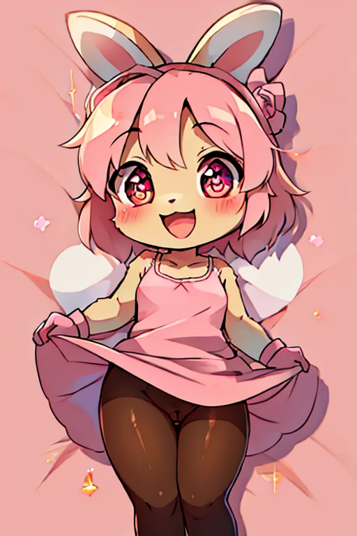 boy, rabbit, furry, bodyfur, pink camisole, bottomless, no panties under pantyhose, pink gloves, pink boots, chibi, happy, sparkling eyes