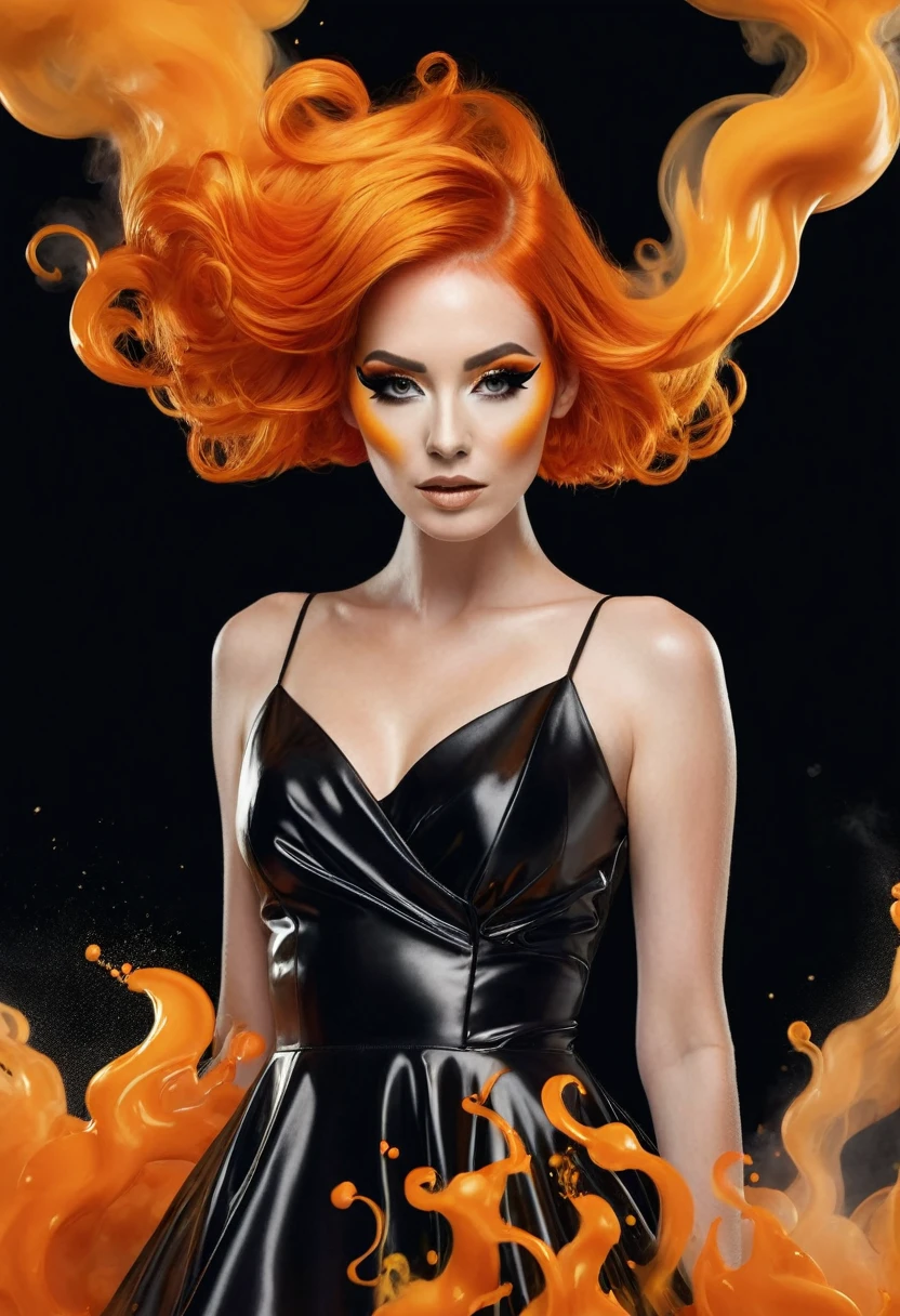 A woman with orange hair and makeup, wearing a dress that looks like it's made of liquid. She's surrounded by orange and black smoke., illustration