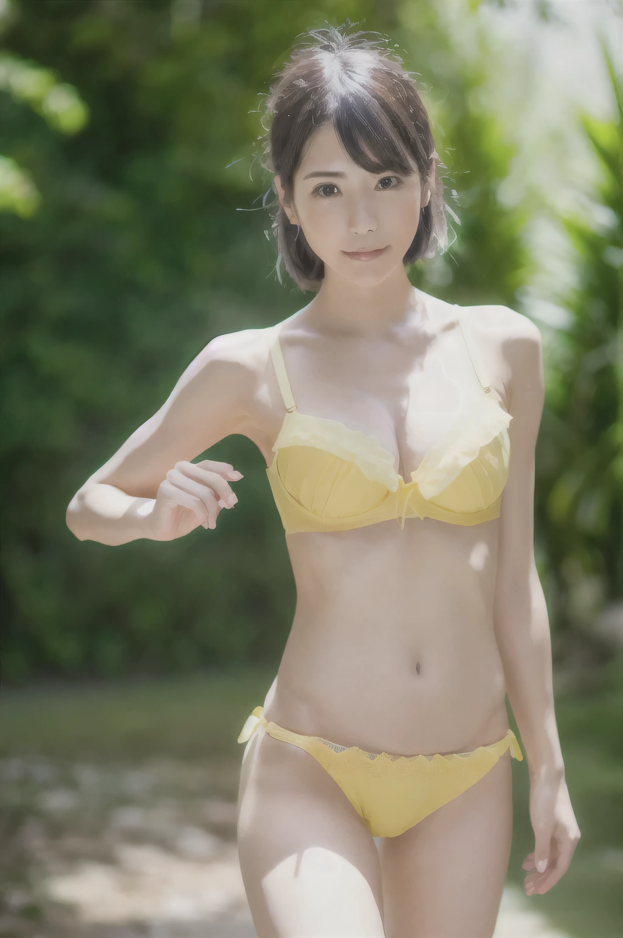 highest quality, photoRealistic, 8k, High resolution, One girl, woman, (Skin dents), (Professional Lighting), (Above the knee photo), (Yellow bra:1.8、Lace、With frills), (Yellow high-leg panties:1.8、Lace、With a small ribbon), (Large Breasts:1.4), nice, ((Parted hair)), (Short Straight Hair:2), (Floating Hair:1.7), (eyes View your viewers:1), ((View your viewers:1.6)), (Looking at the camera), photoRealistic, (Bokeh), (I wore:0.6), (Dynamic pose.Small small small small:1.2), masterpiece, Complex, Realistic, Sharp focus, Award-winning photo, SFW, smile:1.7,