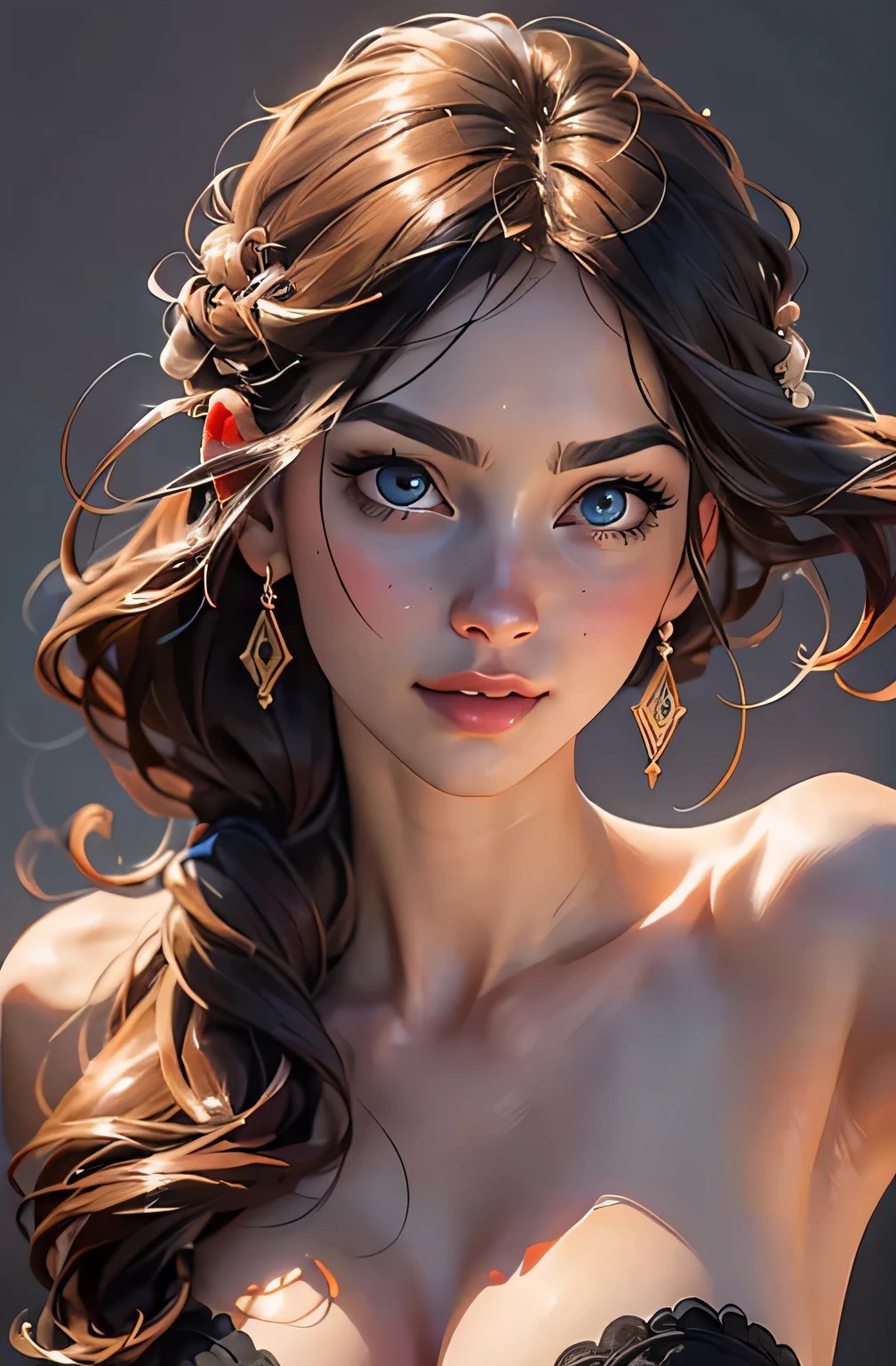 best quality,realistic,portrait,"toppless woman","beautiful detailed eyes","soft and delicate skin","long flowing hair","elegant and graceful pose","subtle lighting","subtle background","","vivid colors" very slutty